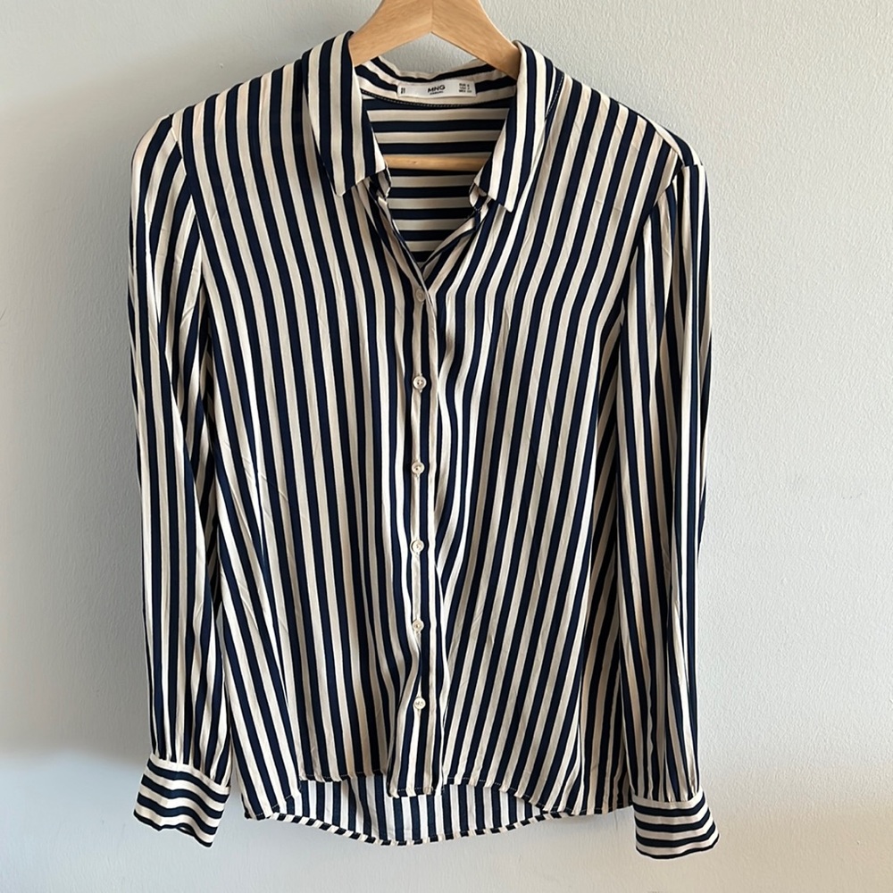 MNG Casual Mango Button Down Shirt Stripe Blue Ivory Cream